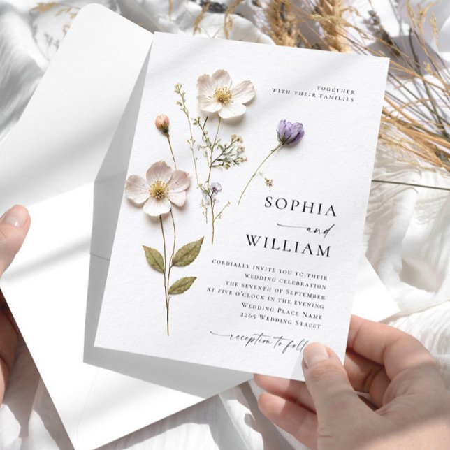 Elegant Print Pressed Pastel Style Flowers Wedding Invitation (Creator Uploaded)
