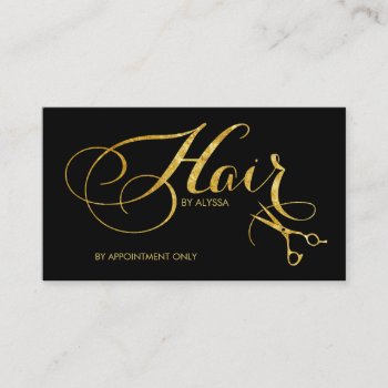 Elegant Printed Gold Foil Script Hair Stylist Business Card by eatlovepray at Zazzle