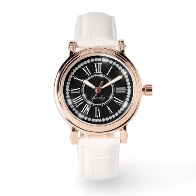 Elegant Printed Rhinestones Add Name Personalized Watch (Front)