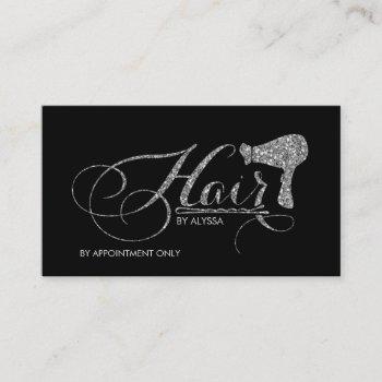 Elegant Printed Silver Glitter Script Hair Stylist Business Card by eatlovepray at Zazzle