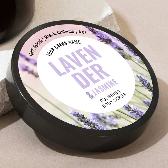 Elegant Product Body Scrub Lotion Label With Photo (Round product label with bold type in pastel lilac and white with custom photo background)