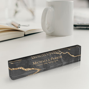Elegant Professional Black and Gold Agate Geode Desk Name Plate