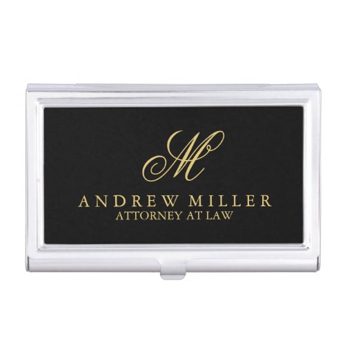 Elegant Professional Black and Gold Monogram Business Card Case