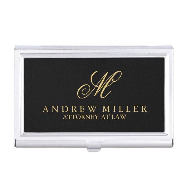 Elegant Professional Black and Gold Monogram Business Card Case (Front)