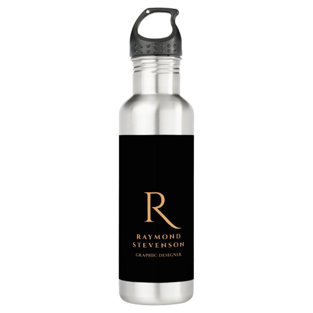 Elegant Professional Black Gold Monogrammed Stainless Steel Water Bottle (Front)