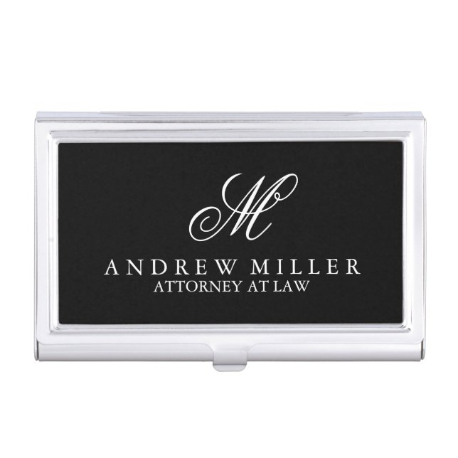 Elegant Professional Black Monogram Business Card Holder (Front)