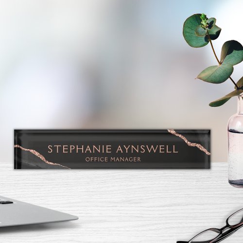 Elegant Professional Black Rose Gold Agate Geode Desk Name Plate