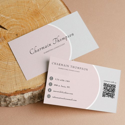Elegant Professional Blush Pink Gray QR Code Business Card