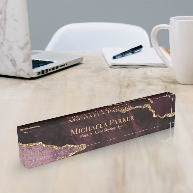 Elegant Professional Burgundy Gold Agate Geode  Desk Name Plate (Creator Uploaded)
