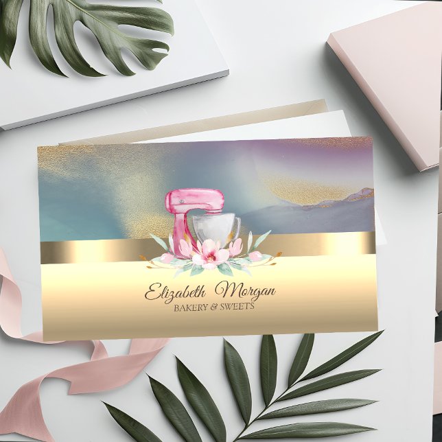 Elegant Professional Cake Mixer Flower Bakery Gold Business Card (Creator Uploaded)