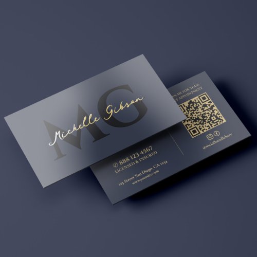 Elegant Professional Dark Navy Monogram Gold Foil Business Cards