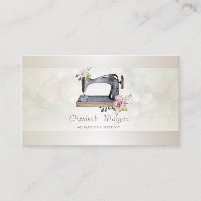 Elegant Professional Floral Bokeh Sewing Machine Business Card (Front)