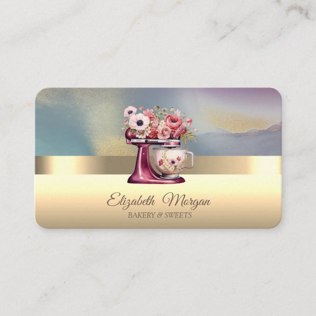 Elegant Professional Floral Red Mixer Bakery Gold Business Card (Front)