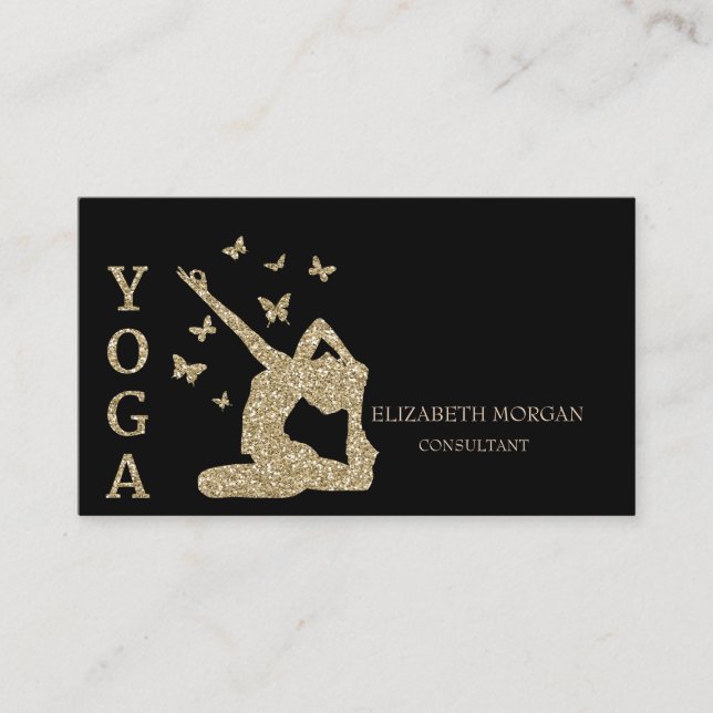 Elegant Professional Glitter Women Silhouette Yoga Business Card (Front)