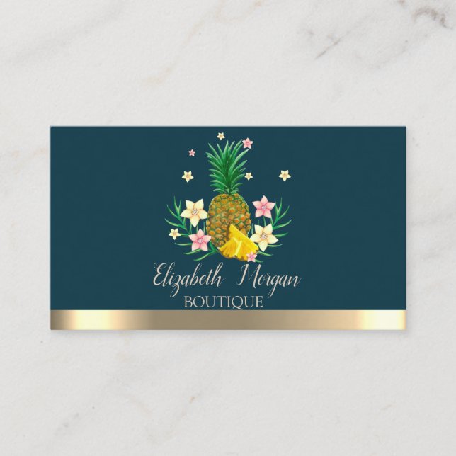 Elegant Professional Gold Stripe Pineapple Flowers Business Card (Front)