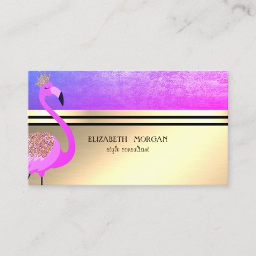 Elegant  Professional GoldStripesPink Flamingo Business Card