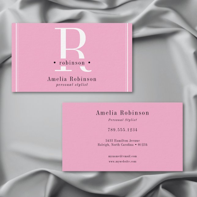 Elegant Professional Monogram Pink Black & White Business Card (Elegant Professional Monogram Pink Black & White Business Card)