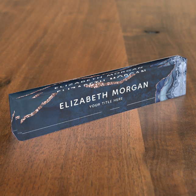 Elegant Professional Navy Blue Gold Agate Geode  Desk Name Plate (Side)