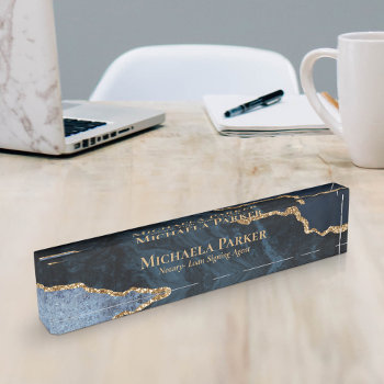 Elegant Professional Navy Blue Gold Agate Geode Desk Name Plate by CreativeHorizon at Zazzle