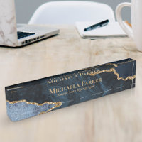Elegant Professional Navy Blue Gold Agate Geode Desk Name Plate