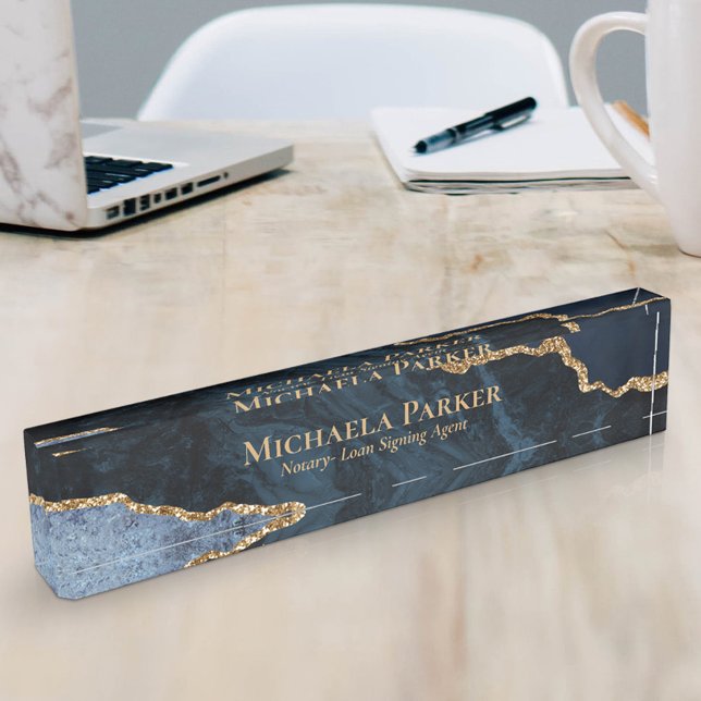 Elegant Professional Navy Blue Gold Agate Geode Desk Name Plate (Creator Uploaded)