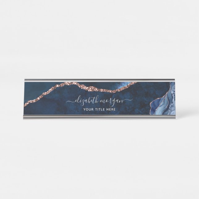 Elegant Professional Navy Blue Rose Gold Agate Desk Name Plate (Front)