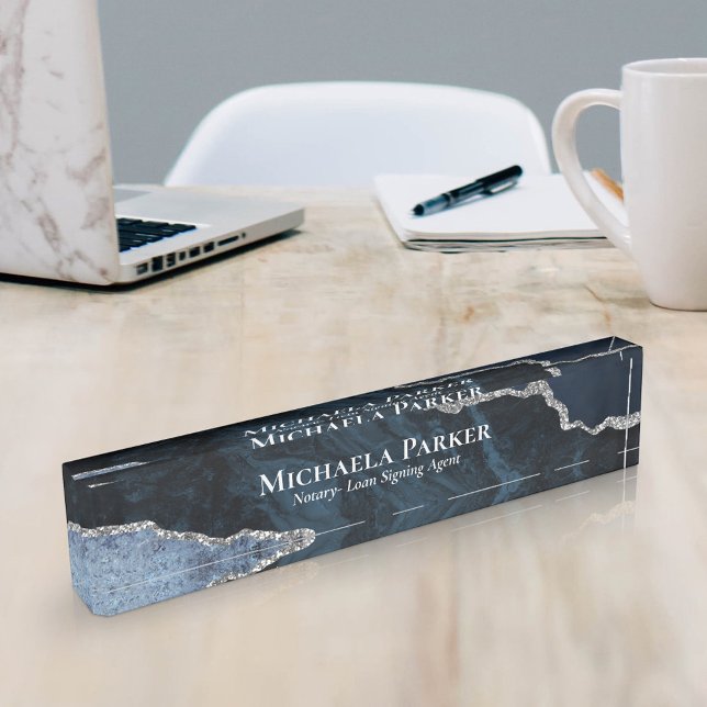 Elegant Professional Navy Blue Silver Agate Geode Desk Name Plate (Creator Uploaded)