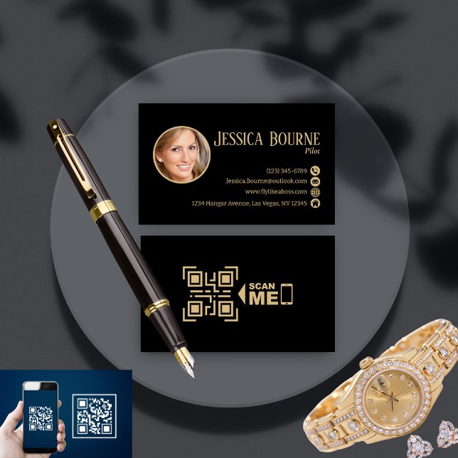 Elegant Professional Photo Black Gold QR Code  Business Card (Creator Uploaded)