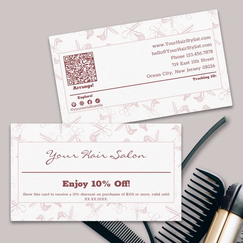 Elegant Professional Pink  White Hairdresser Discount Card