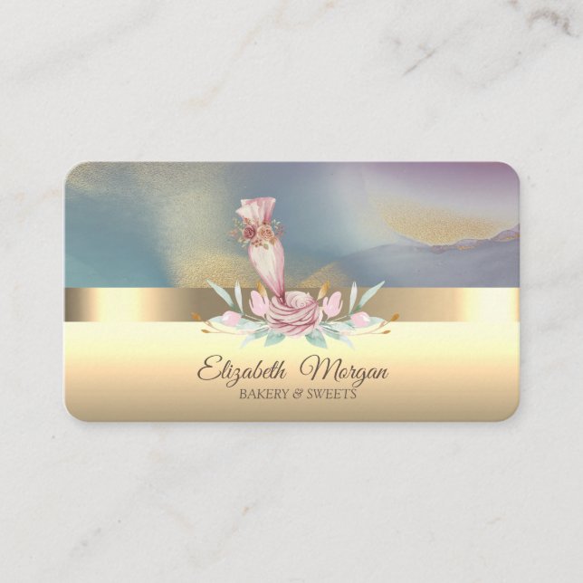 Elegant Professional Piping Bag Flower Bakery Gold Business Card (Front)