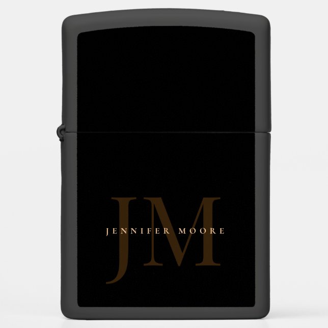 Elegant Professional Plain Black Gold Monogrammed Zippo Lighter (Front)