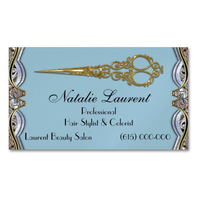 Elegant Professional Scissor Chic Blade Blue Business Card Magnet (Front)