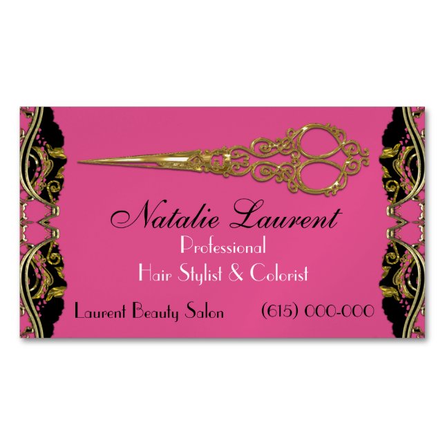 Elegant Professional Scissor French Baroque Pink Business Card Magnet (Front)