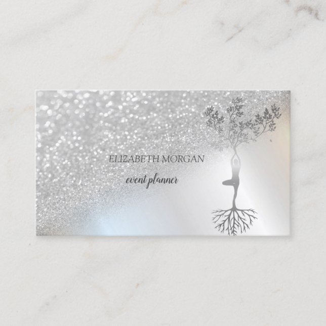 Elegant Professional Silver Bokeh Tree Women Business Card (Front)