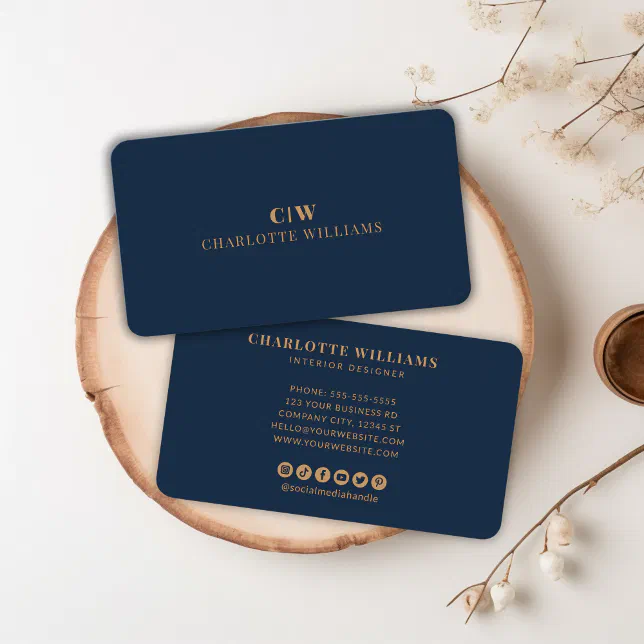 Elegant Professional Simple Monogram Gold Navy Business Card | Zazzle