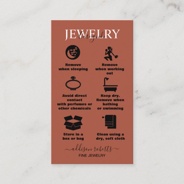 Elegant Professional Terracotta Boho Jewelry Care  Business Card (Front)