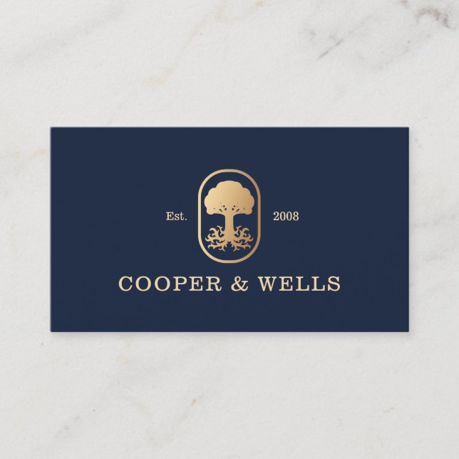 Elegant Professional Tree Roots Logo Navy Business Card (Front)