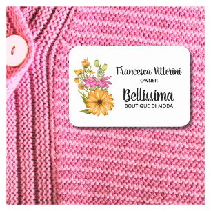 Elegant Professional Watercolor Floral Pink Yellow Name Tag