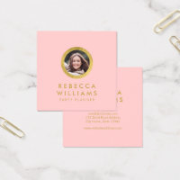 Elegant Profile Photo Pink Rose and Faux Gold Square Business Card