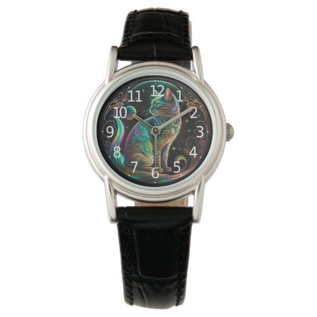 Elegant Psychedelic Cat Modern Artwork | Watch (Front)