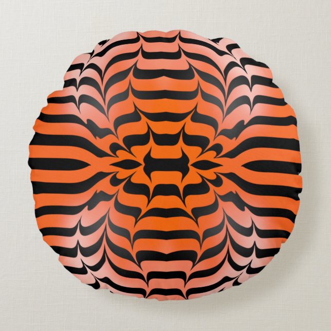 Elegant Psychedelic Orange Black Tiger Skin Print Round Pillow (Front)