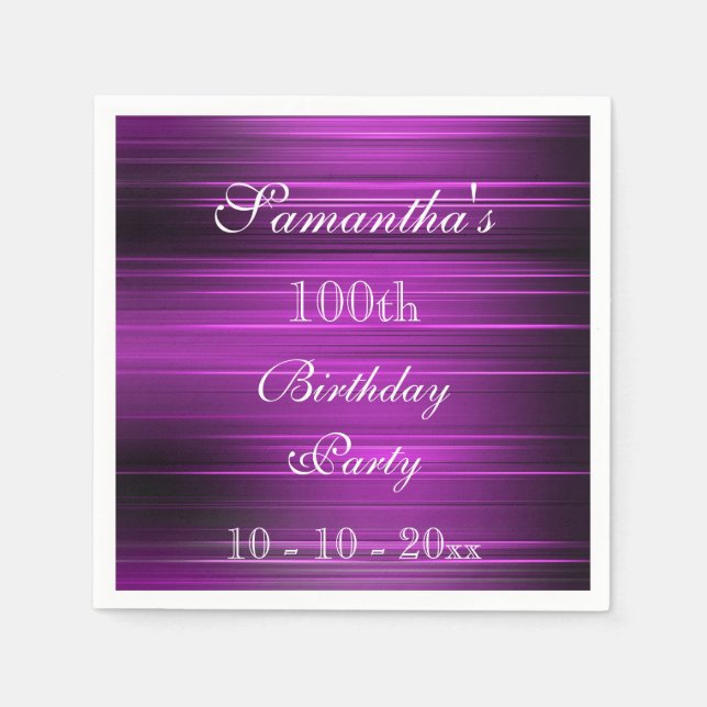 Elegant Psychedelic Purple 100th Birthday Paper Napkins (Front)