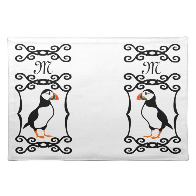 Elegant Puffin in a French Iron Frame Monogram Cloth Placemat (Front)