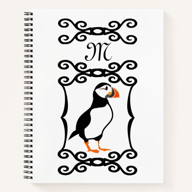 Elegant Puffin in a French Iron Frame Monogram Notebook (Front)