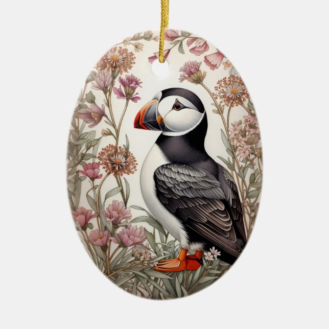 Elegant Puffin William Morris Inspired Floral Ceramic Ornament (Front)