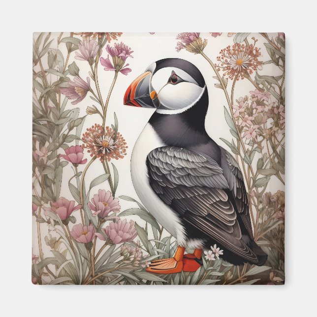 Elegant Puffin William Morris Inspired Floral Magnet (Front)