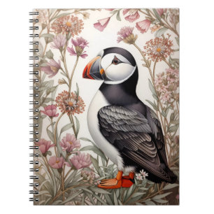Elegant Puffin William Morris Inspired Pink Flower Notebook