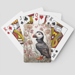 Elegant Puffin William Morris Inspired Pink Flower Poker Cards