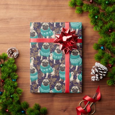 Elegant Pug Dog in Teal Sweater Purple &amp; Gold Wrapping Paper