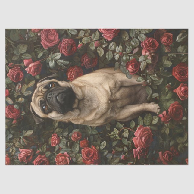 Elegant Pug Surrounded By Roses Decoupage Tissue Paper (Front)